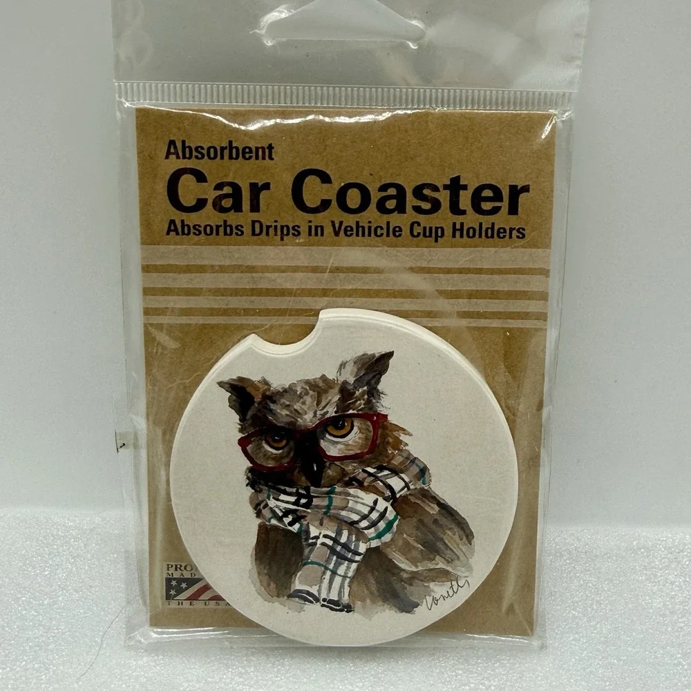 CounterArt‎ Owl With Scarf Absorbent Stoneware Car Coaster Made in USA